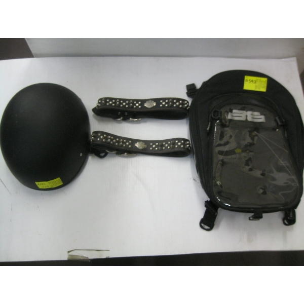 MOTORCYCLE HELMET, SZ 2XL, 2 HARLEY DAVIDSON DOG COLLARS & A TANK BAG W/TOOL KIT & PUMP