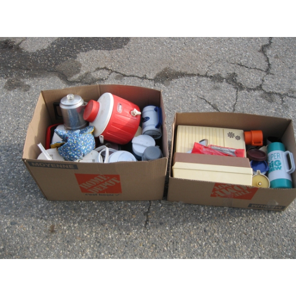 2 BOXES OF MISC. - PLASTIC DRINK CONTAINERS, COFFEE POTS, ETC.