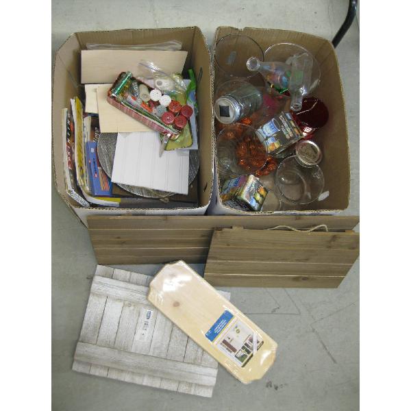 2 BOXES MISC. GLASS VASES, WOODEN CRAFTING ITEMS, ETC.