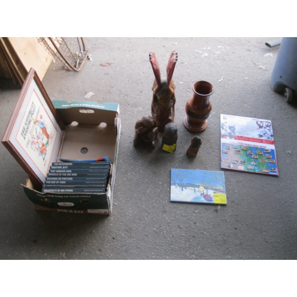 MISC. PICTURES, WOOD ITEMS, BOOKS, ETC.