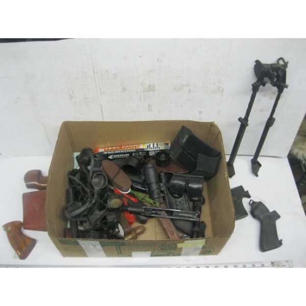ASST. ITEMS: PISTOL GRIPS, SCOPE COVERS, 4 POWER SCOPE,GOOSE CALL, ETC.