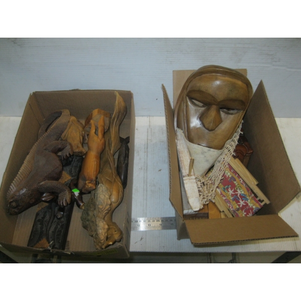 2 BOXES OF MISC. WOOD CARVINGS, IGUANA CARVING, ETC.
