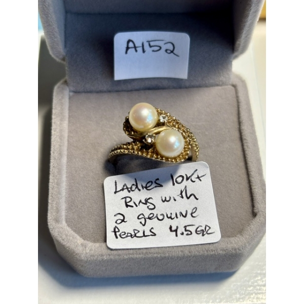 LADIES 10KT RING W/2 GENUINE PEARLS, 4.5G, SZ 9