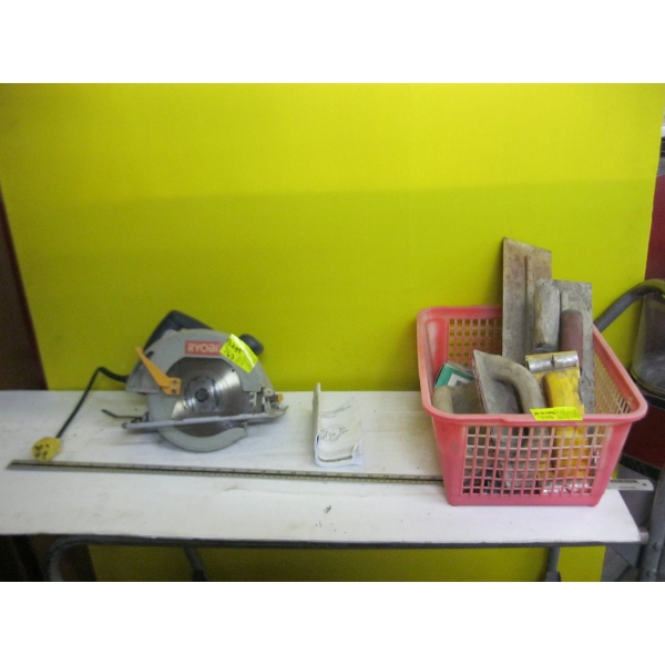 RYOBI CIRCULAR SAW & BASKET OF ASST. TROWELS