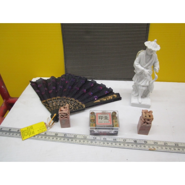 CHINESE STAMP BLOCK SET, FAN & FIGURINE