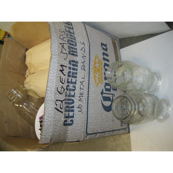 BOX OF CANNING JARS & GLASS TOPS