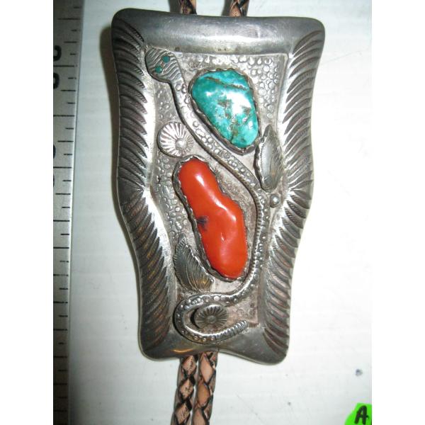 CORAL TURQUOISE & SILVER NAVAJO BOLO TIE