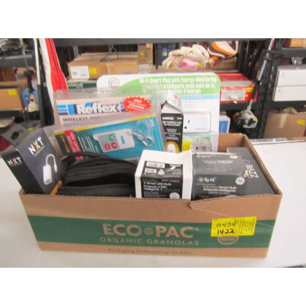 1 BOX OF SMART WIFI PLUGS, LIGHTBULBS, ETC.