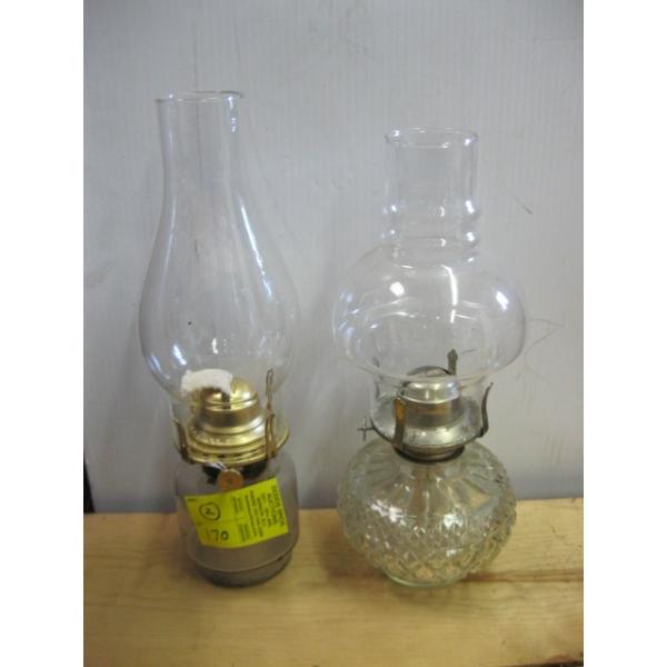 2 SMALL COAL OIL LAMPS W/CHIMNEYS