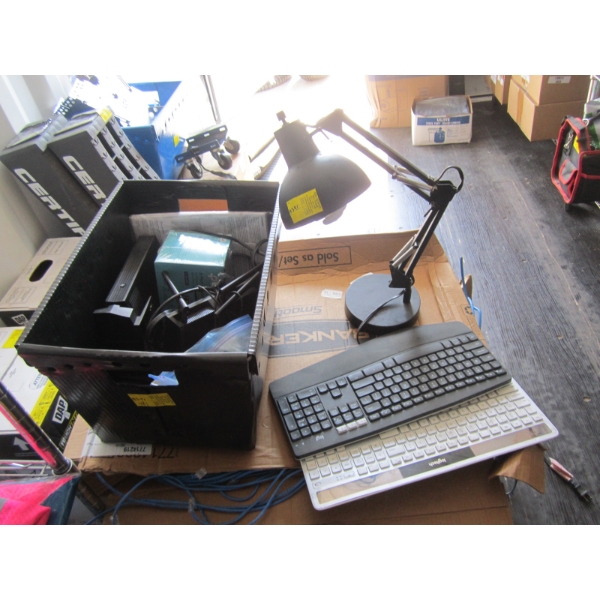 BIN OF KEYBOARDS, COMPUTER PARTS & LAMP