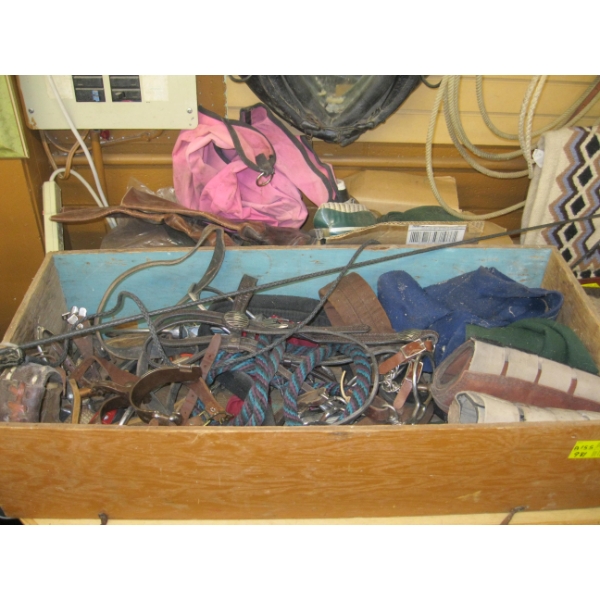 LG. BOX OF MISC. EQUESTRIAN ITEMS - WRAPS, BRIDLES, BITS, SPURS, BOOTS, ETC.