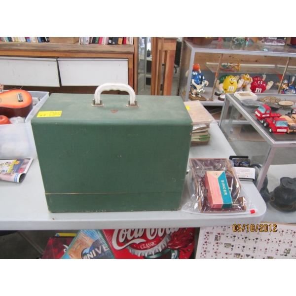 MASON CASED PORTABLE SEWING MACHINE W/ASST. ACCESS BOX, ETC.