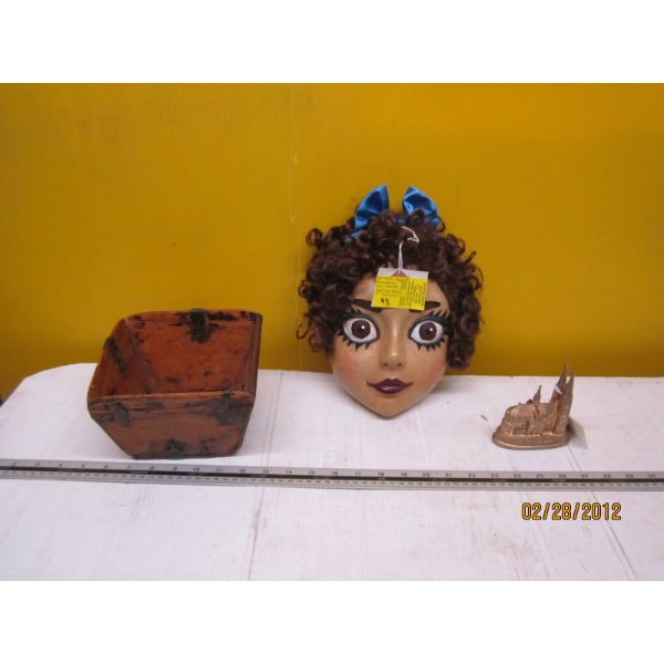 ADULT PORCELAIN DOLL MASK FOR HALLOWEEN, WOODEN DISH & CATHEDRAL GERMAN CHURCH FIGURINE