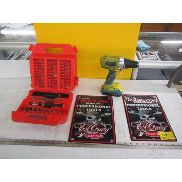 BLACK & DECKER BIT KIT, CORDLESS DRILL - NO CHARGER, & 2 "DO NOT USE MY TOOLS" SIGNS
