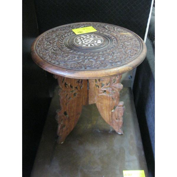 VINTAGE INDIAN HAND CARVED 3 LEG TABLE