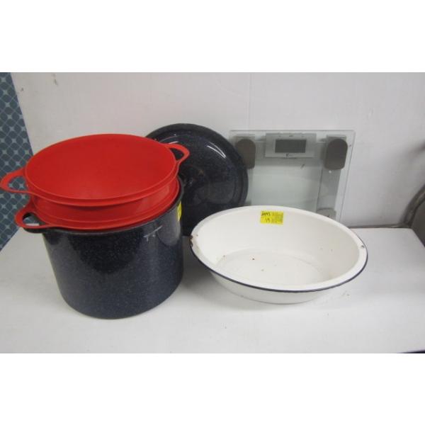 WEIGH SCALE, ENAMEL OVAL WASH BIN, CANNING POTS, ETC.