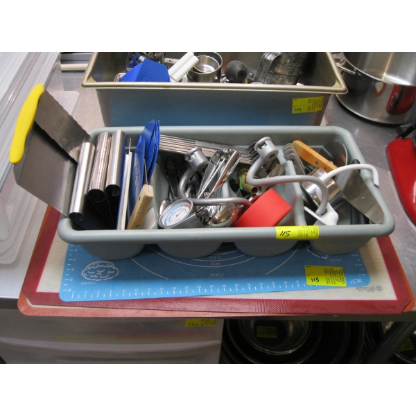 BIN OF MISC. CUTLERY, MEASURING CUPS, SCRAPERS, CUTTING MATS, ETC.
