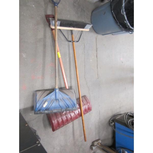 PUSH BROOM & 2 SHOVELS