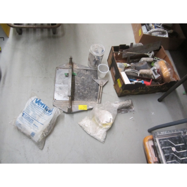 TILE CUTTER & FLAT OF MISC. TILE, TROWELS, MIXERS, ETC.