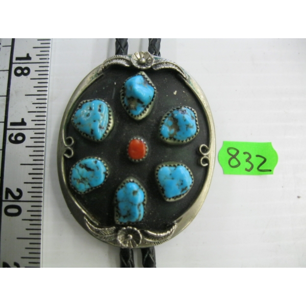 SILVER TURQUOISE & CORAL NAVAJO BOLO TIE - UNMARKED