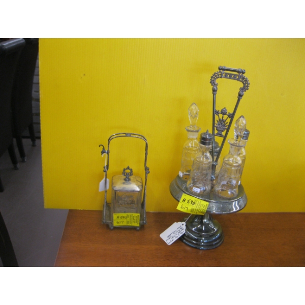 ANTIQUE CONDIMENT SET - 5 PIECES W/STAND & A SQUARE PICKLE JAR W/STAND
