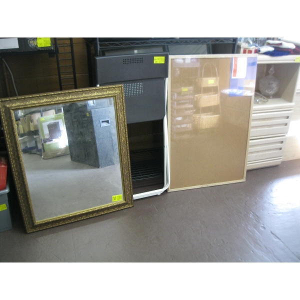FRAMED MIRROR, A NEW CORKBOARD & A FOLDING CHAIR