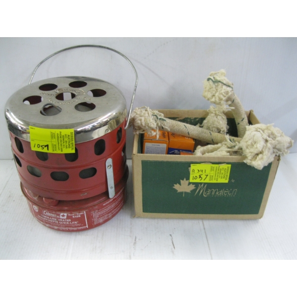 COLEMAN QUICK LIGHT HEATER & BOX OF ALADDIN WICKS, ETC.
