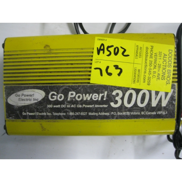 JUMPER CABLES, TIRE FILLER - NO CHARGER & A GO POWER 300W DC TO AC INVERTER