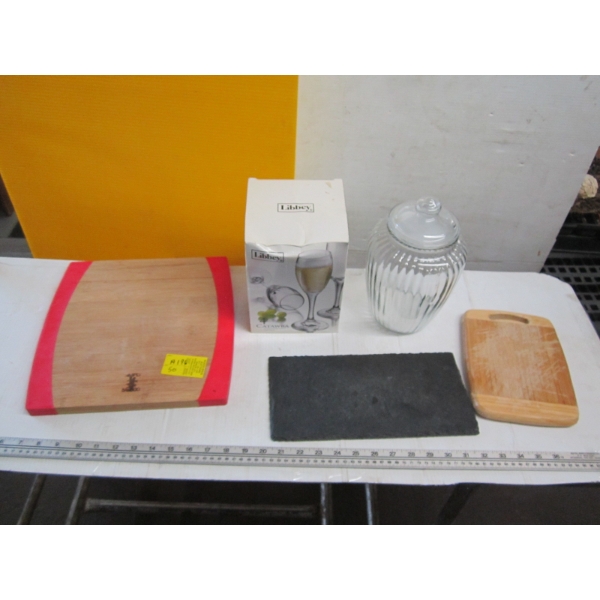 3 CUTTING BOARDS, GLASS CANNISTER, WINEGLASSES, ETC.
