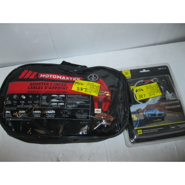 BATTERY CHARGER, SOLAR BATTERY CHARGER & PAIR OF BOOSTER CABLES