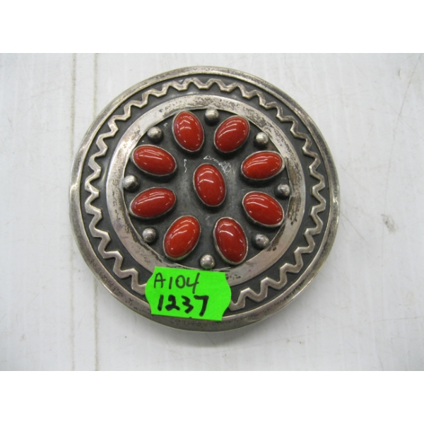 SILVER & CORAL NAVAJO BELT BUCKLE