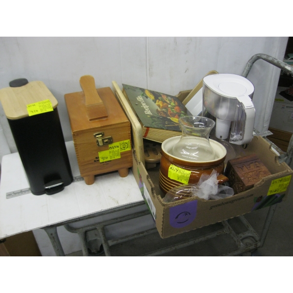 SM. FOOT OPERATED GARBAGE CAN, SHOESHINE KIT, WATER FILTER, BEAN POT, ETC.