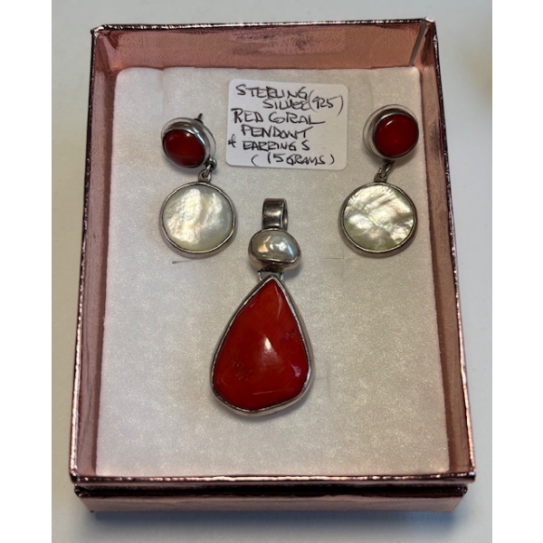 STERLING SILVER (.925) RED CORAL PENDANT & EARRINGS, 15G