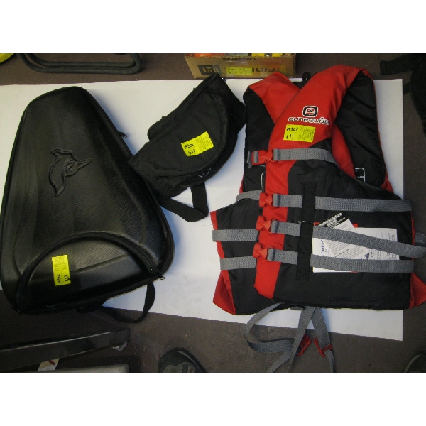 BACKPACK, OUTBOUND LIFEJACKET & A HIP BAG