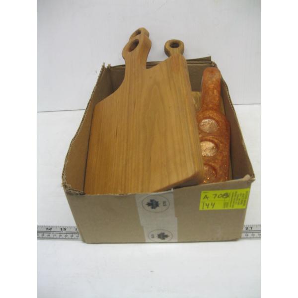 ASST. HAND MADE WOOD CARVING BOARDS, SHOT GLASS HOLDERS, ETC.