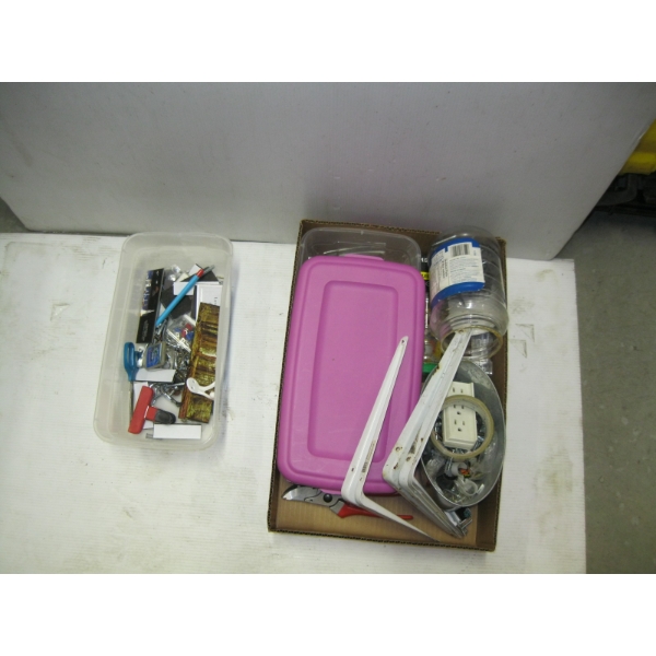 BOX & BIN OF MISC. SHELF BRACKETS, PRUNERS, ETC.