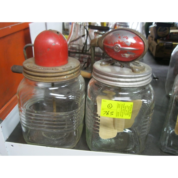 2 HAND CRANK CHURNS - 1 MISSING MIXER