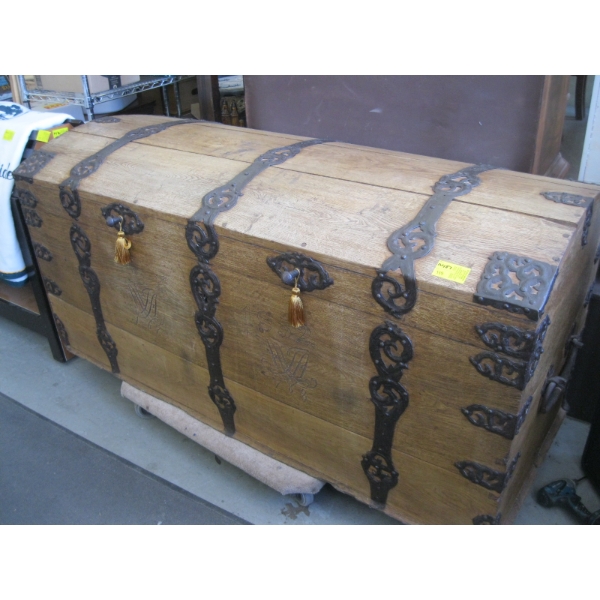 LG. METAL BOUND ANTIQUE TRUNK - CIRCA 1778