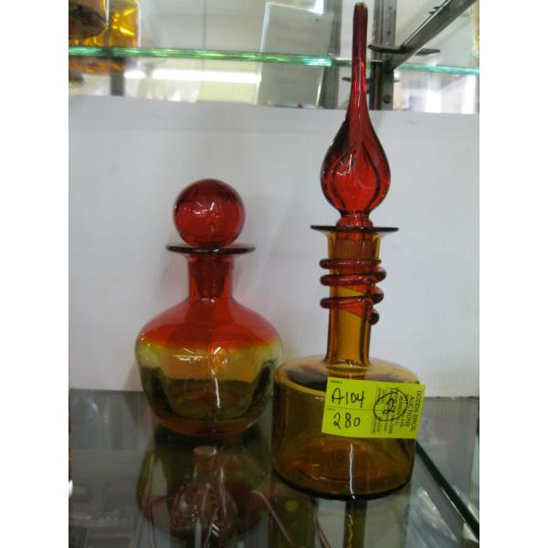 2 RED GLASS MCM BLENKO DECANTERS