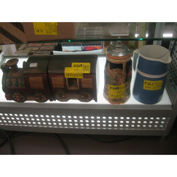 MISC. WOODEN 2 PIECE TRAIN, GERMAN BEER STEIN & A WATER PITCHER