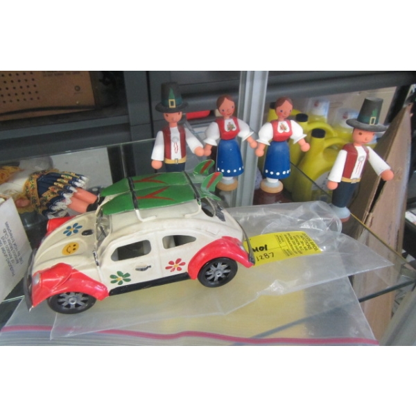 ASST. TOYS, METAL VOLKSWAGEN BUG & WOODEN FIGURINES