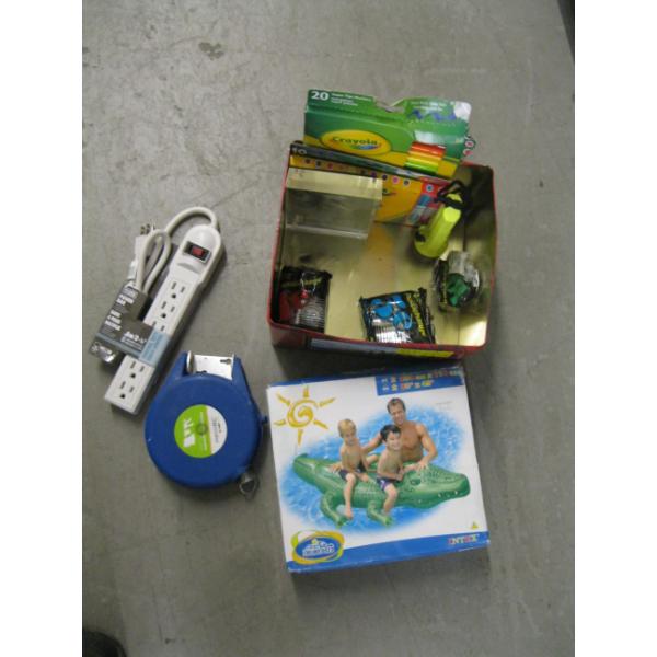 BOX OF MISC. FELT PENS, BLOW UP ALLIGATOR, ETC.