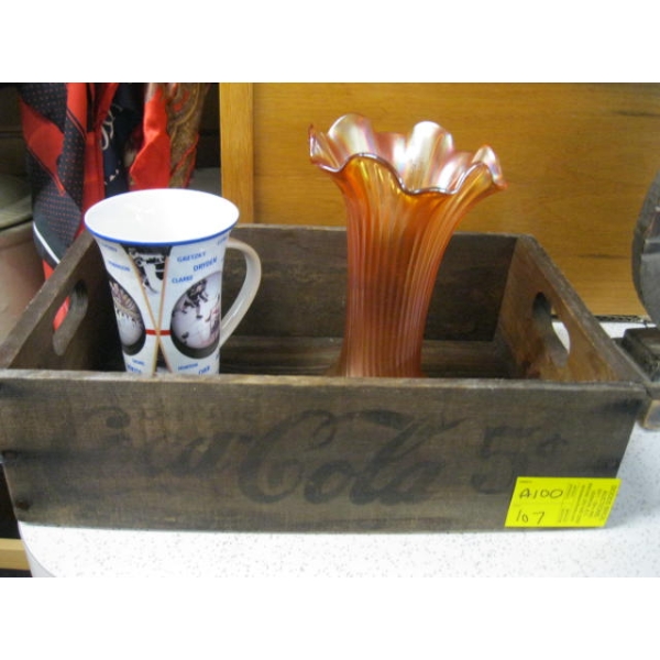 WOODEN CRATE W/HOCKEY MUG & VASE