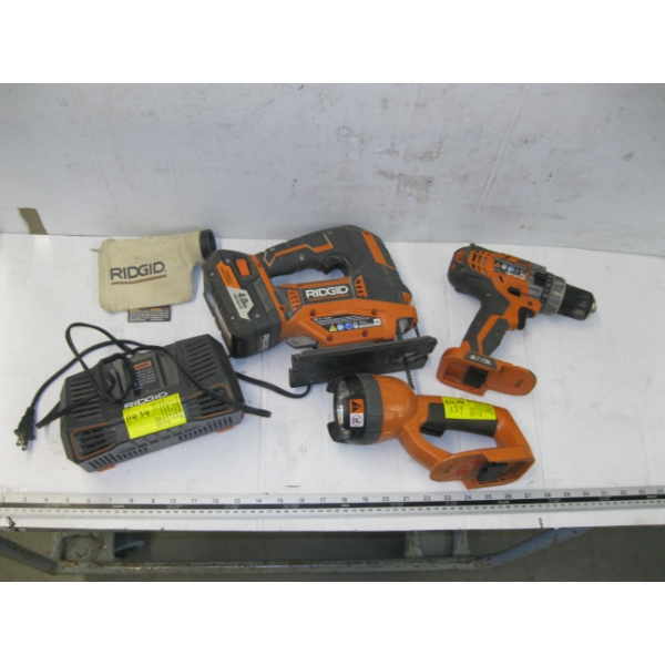 RIGID CORDLESS JIGSAW, DRILL, FLASHLIGHT & CHARGER, 1 BATTERY