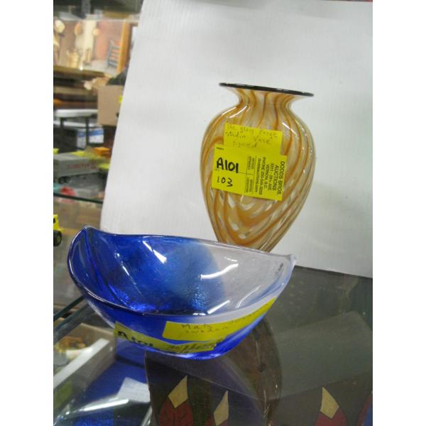 2 SIGNED PIECES - GLASS DISH & VASE
