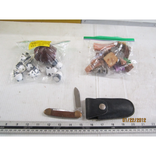 BAG OF MINI LANDSCAPE FAIRY GARDEN, KNIFE IN CASE, ETC.