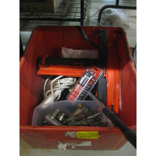BIN OF MISC. REFLECTORS, FEET MEASURING WHEEL, AIR FITTINGS, ETC.