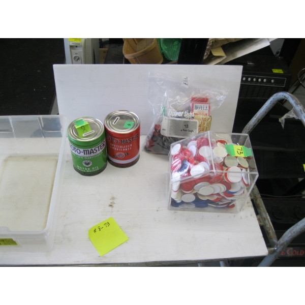 CDN TIRE COIN BANKS, OLD STOCK CHECKERS, BATTLESHIP PIECES, POKER CHIPS