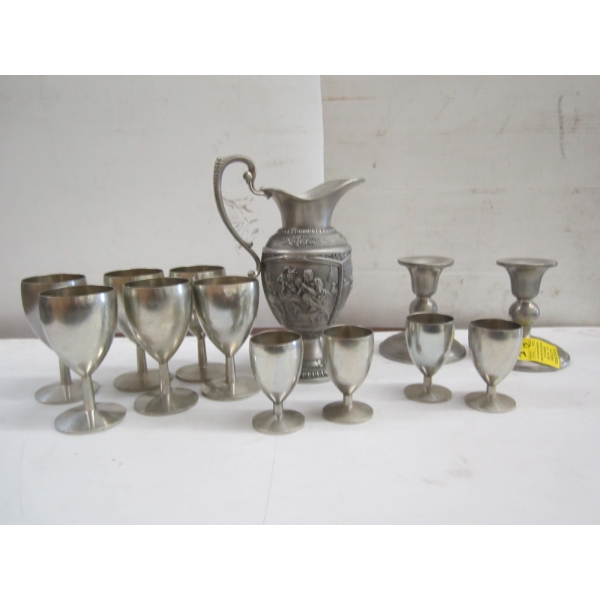 PEWTER CUPS, DECANTER & CANDLE HOLDERS