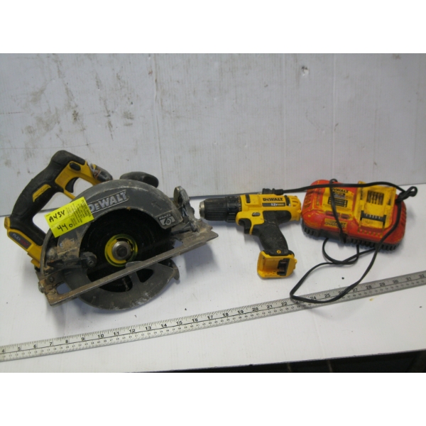 CORDLESS DEWALT CIRCULAR SAW W/CHARGER & DRILL, NO BATTERY